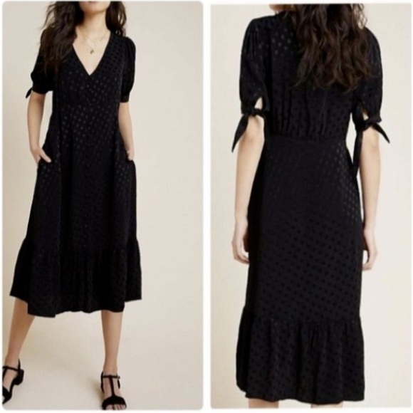 NWT Anthropologie Maeve Eudora Midi Dress Black Dot Print Tie Sleeve V Neck 4 - Picture 1 of 10